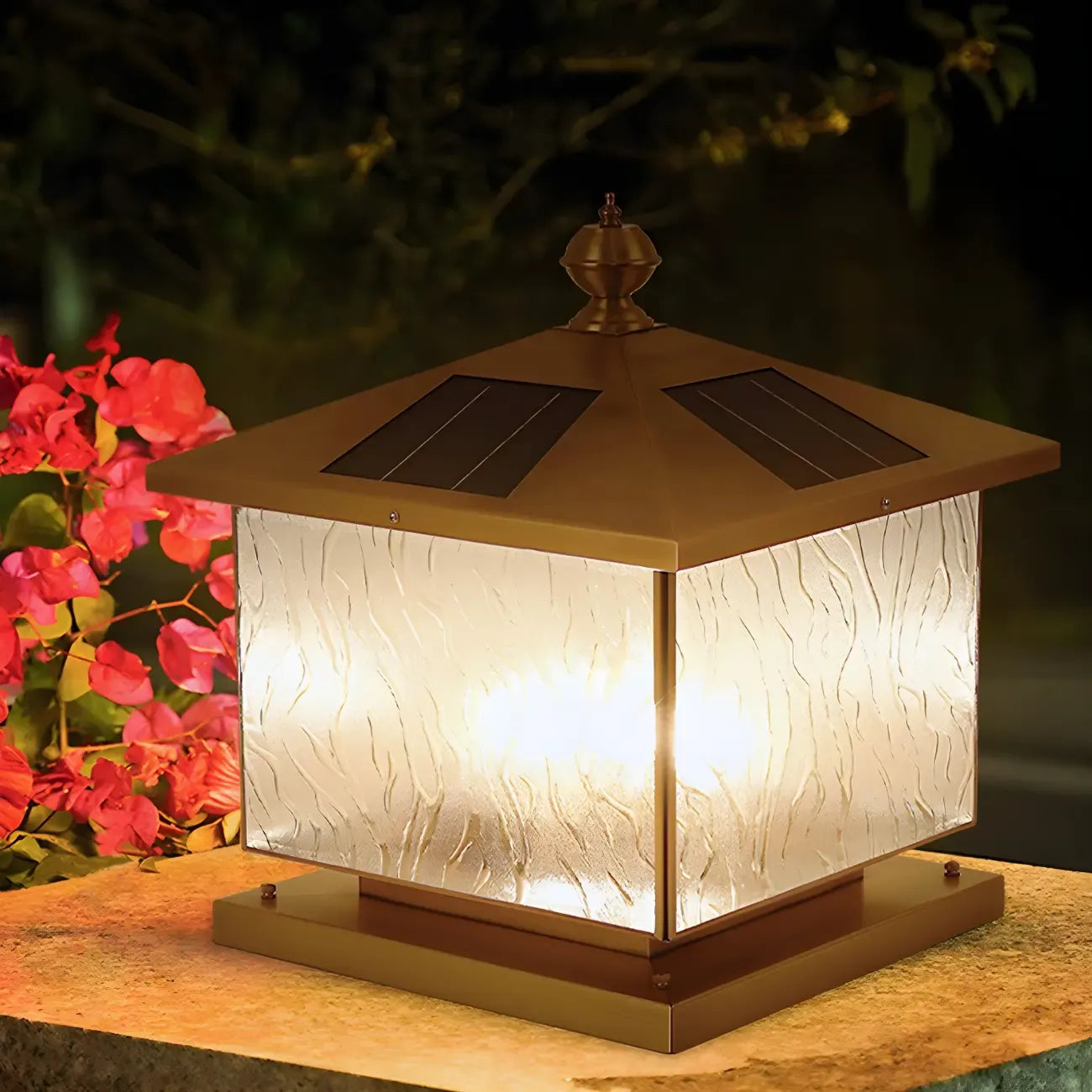 House-Shape Solar Bronze Ripple Outdoor Post Lights