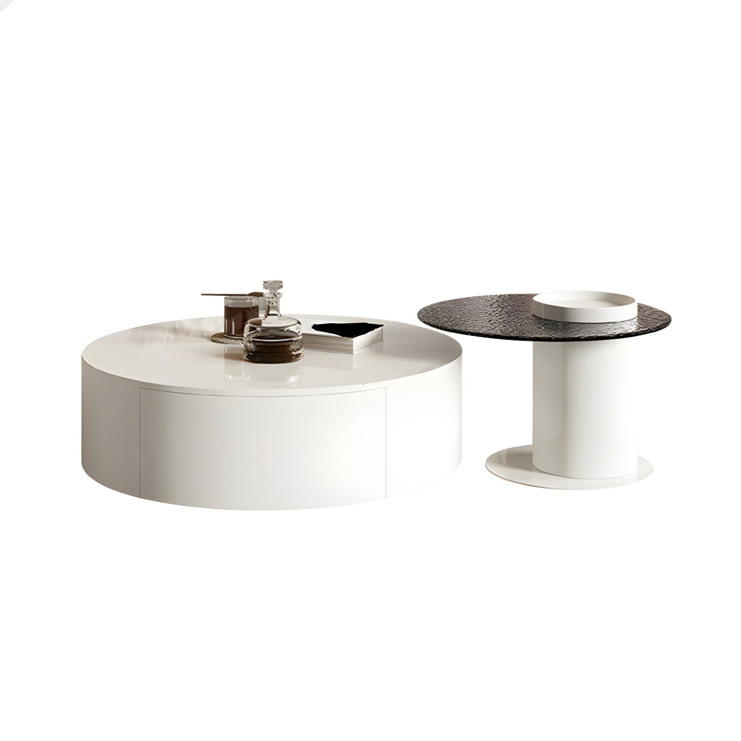 White Modern Round Sleek Drawer Coffee Table