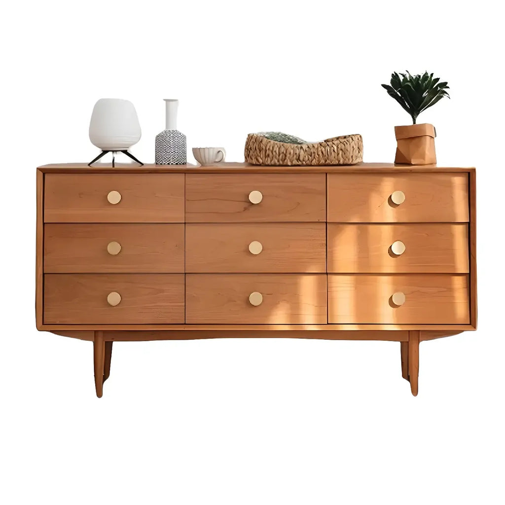 Contemporary Extra Wide Brown Pine Wood 9-Drawer Dresser