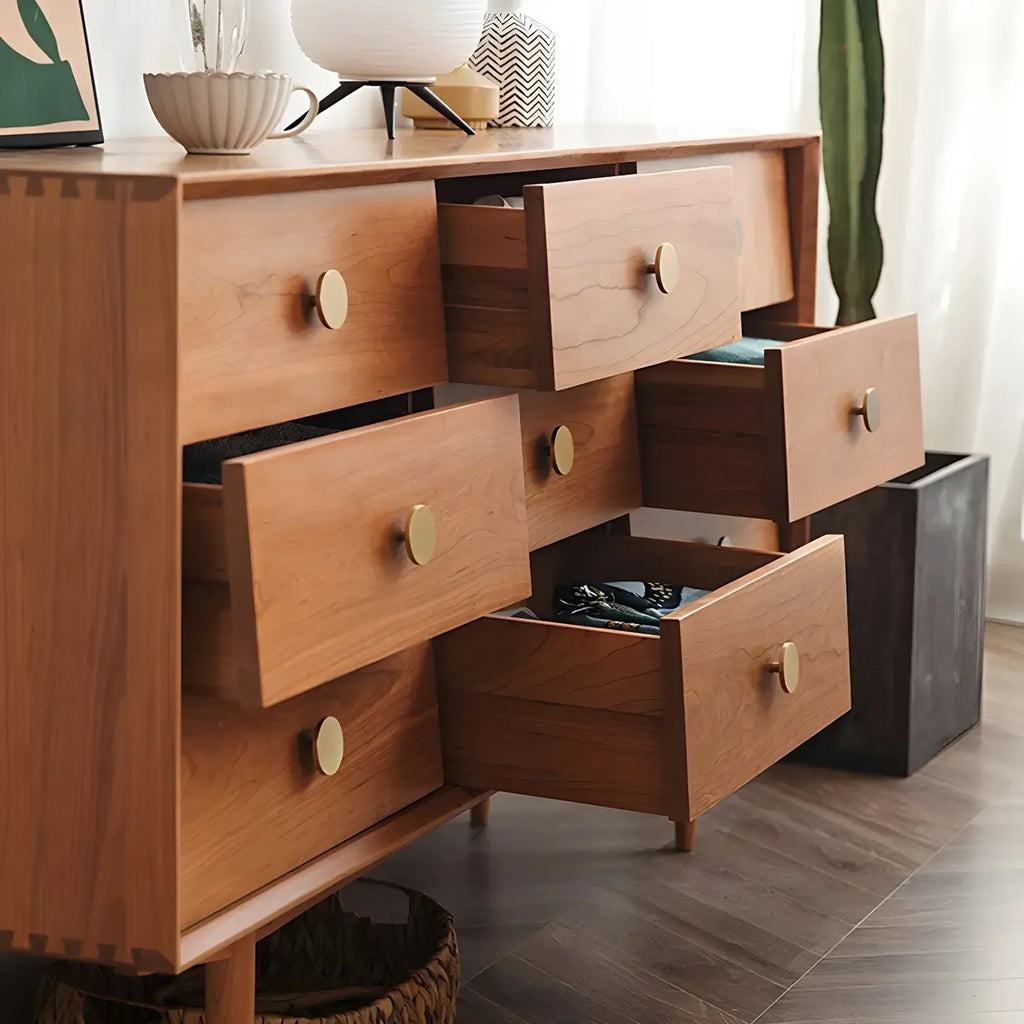 Contemporary Extra Wide Brown Pine Wood 9-Drawer Dresser
