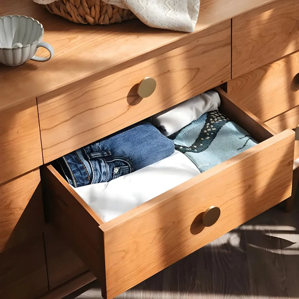 Contemporary Extra Wide Brown Pine Wood 9-Drawer Dresser