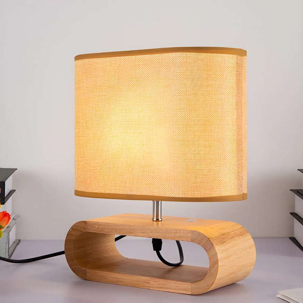 Bedside Wood LED Plug In Table Lamp in Fabric Shade