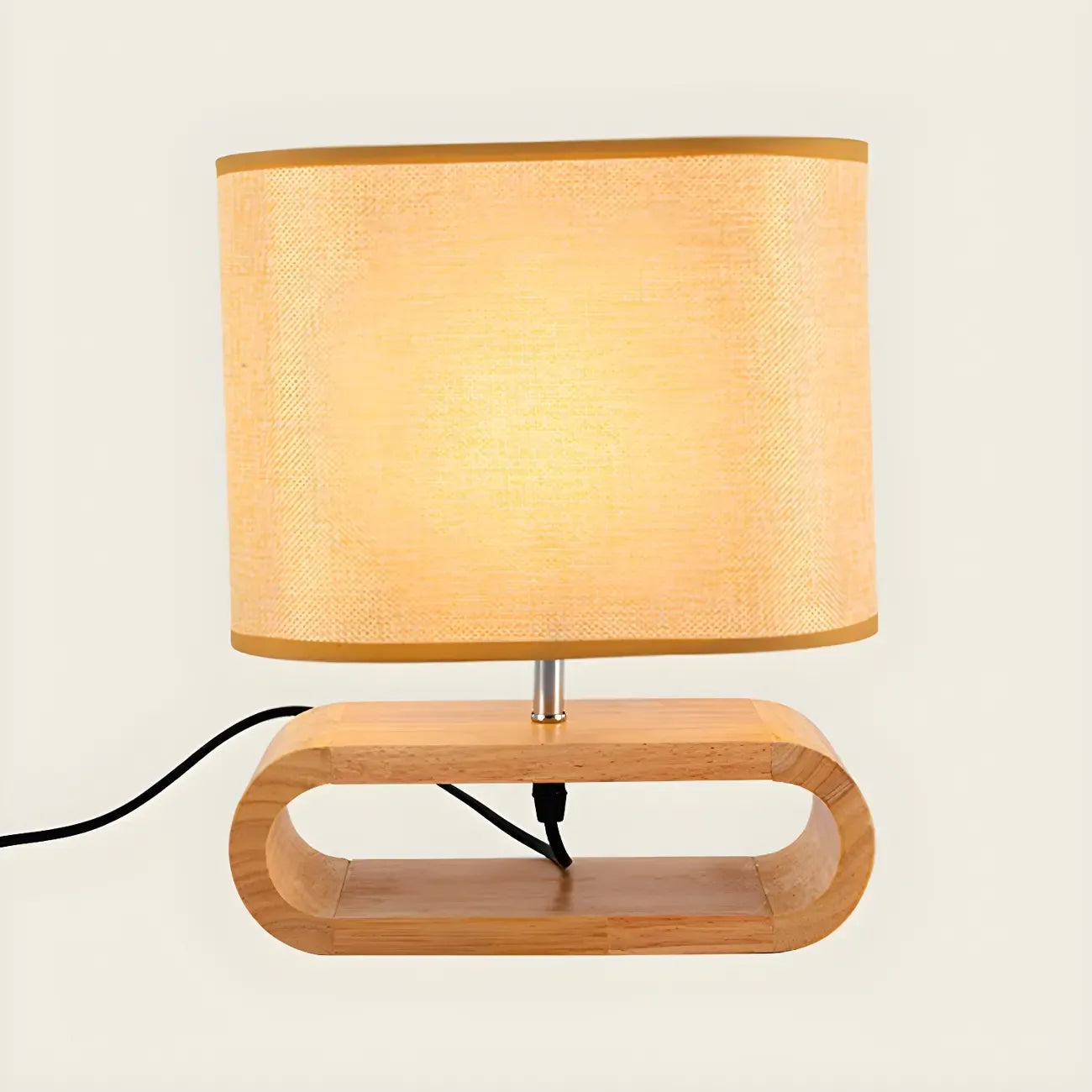 Bedside Wood LED Plug In Table Lamp in Fabric Shade