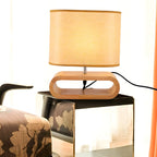 Bedside Wood LED Plug In Table Lamp in Fabric Shade