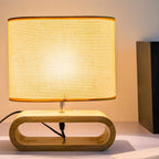 Bedside Wood LED Plug In Table Lamp in Fabric Shade