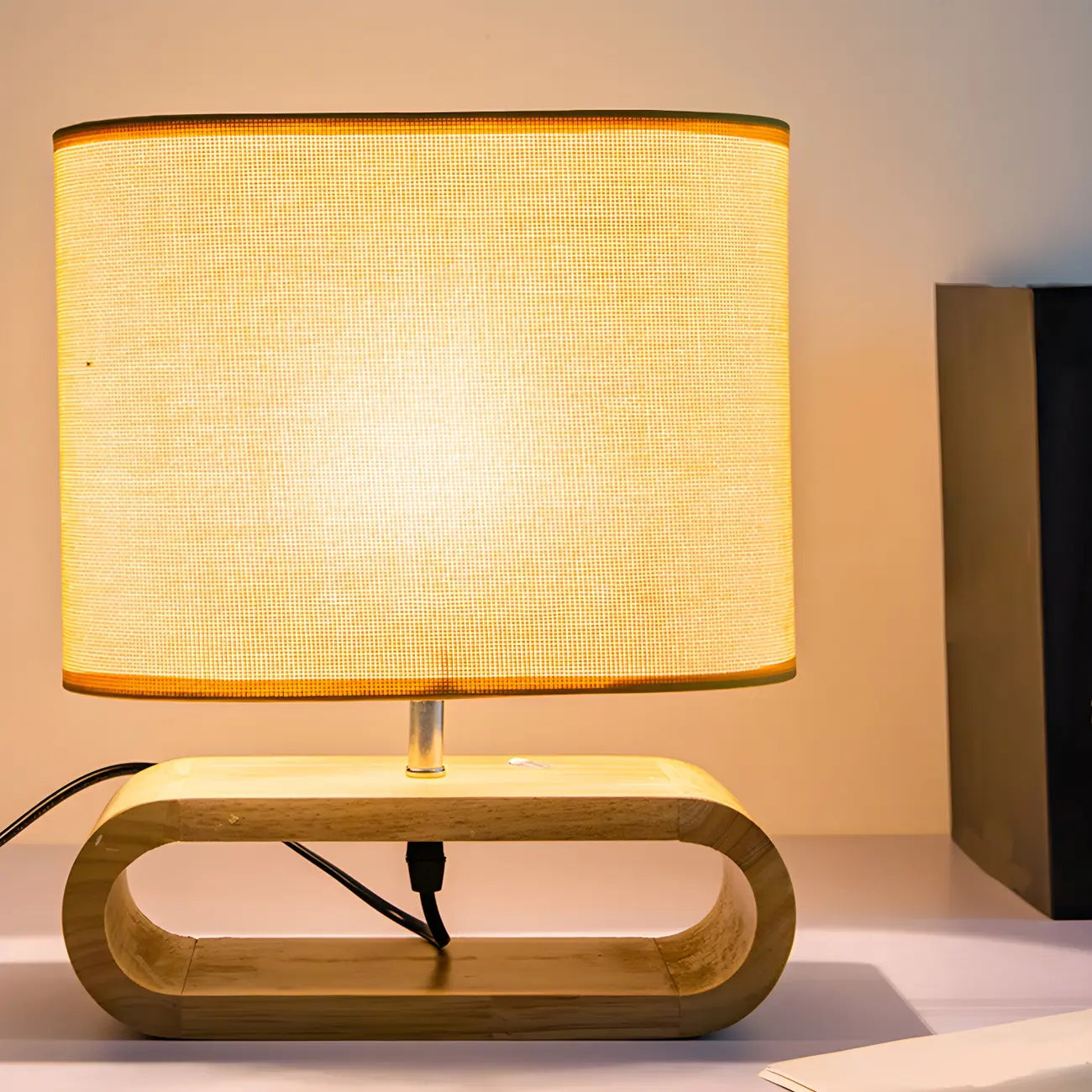 Bedside Wood LED Plug In Table Lamp in Fabric Shade