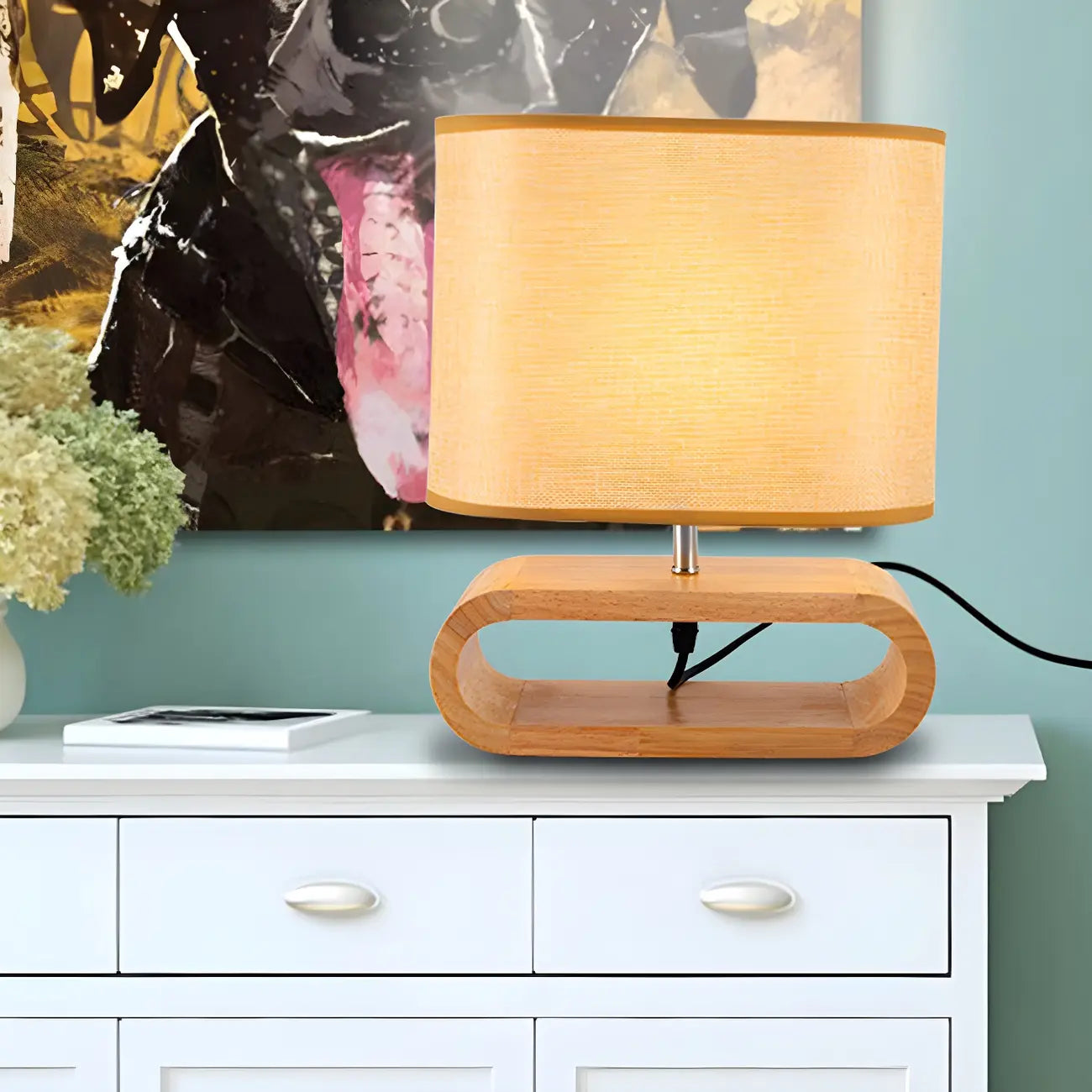 Bedside Wood LED Plug In Table Lamp in Fabric Shade