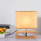 Bedside Wood LED Plug In Table Lamp in Fabric Shade