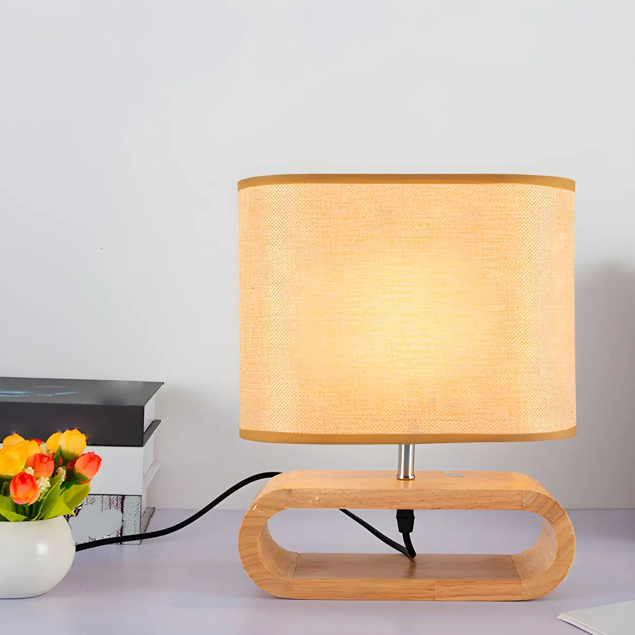 Bedside Wood LED Plug In Table Lamp in Fabric Shade