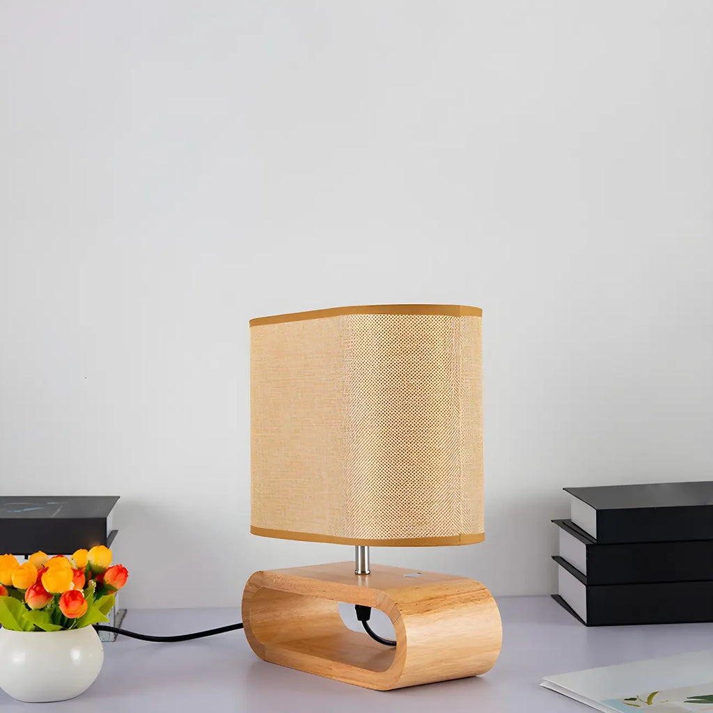 Bedside Wood LED Plug In Table Lamp in Fabric Shade