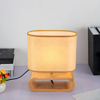 Bedside Wood LED Plug In Table Lamp in Fabric Shade