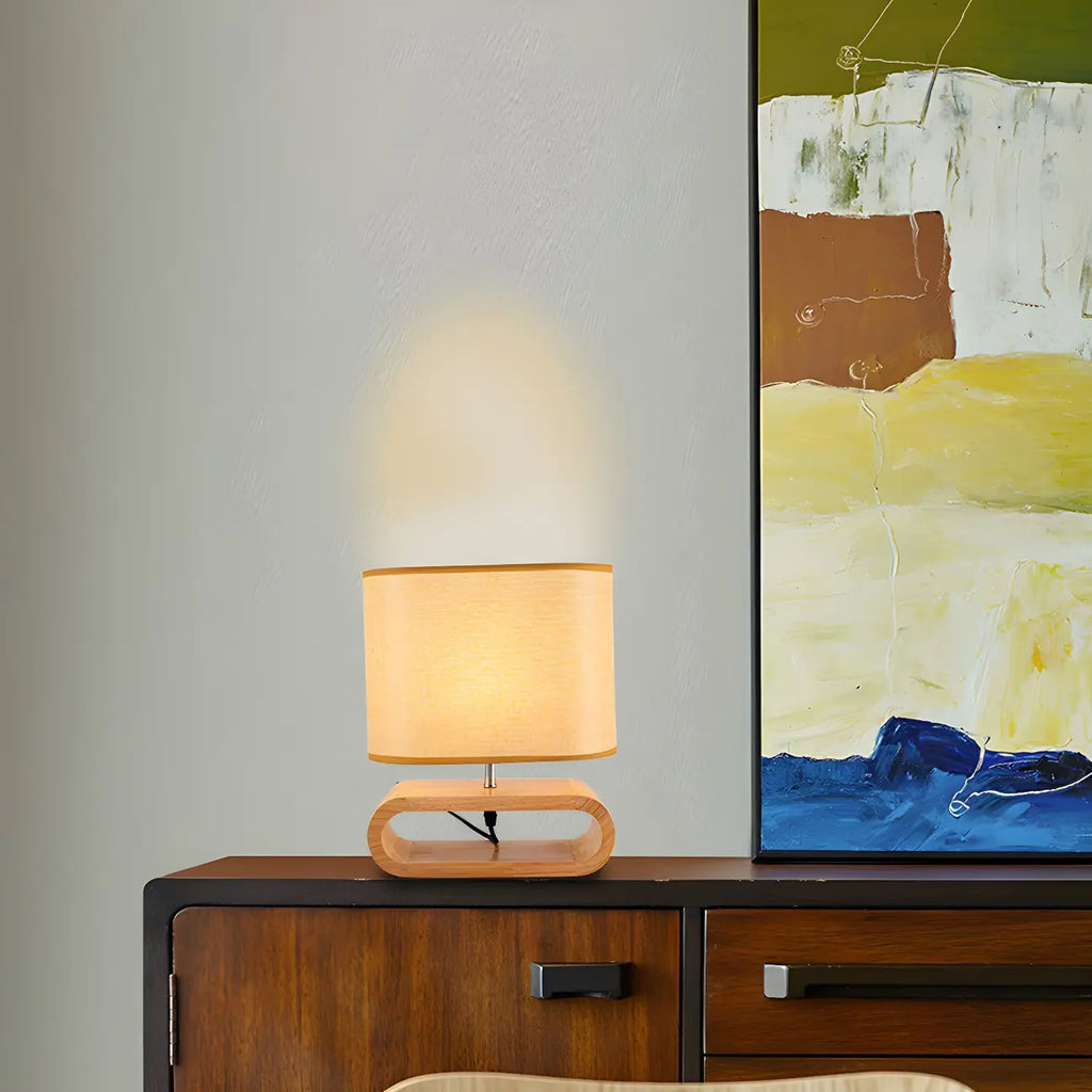 Bedside Wood LED Plug In Table Lamp in Fabric Shade