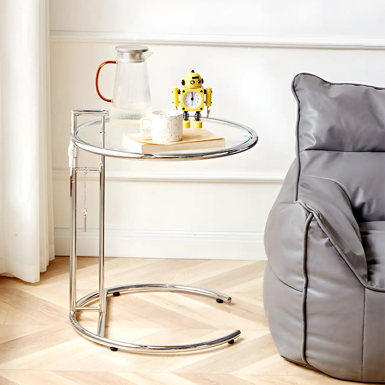 Silver Round C-Shaped Adjustable Height End Table