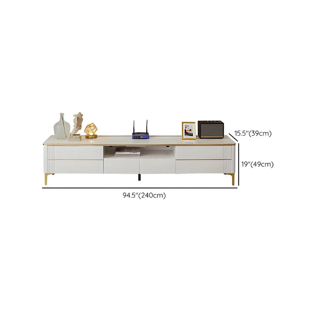 71 White Stone Fluted Open Storage TV Stand with Gold Legs