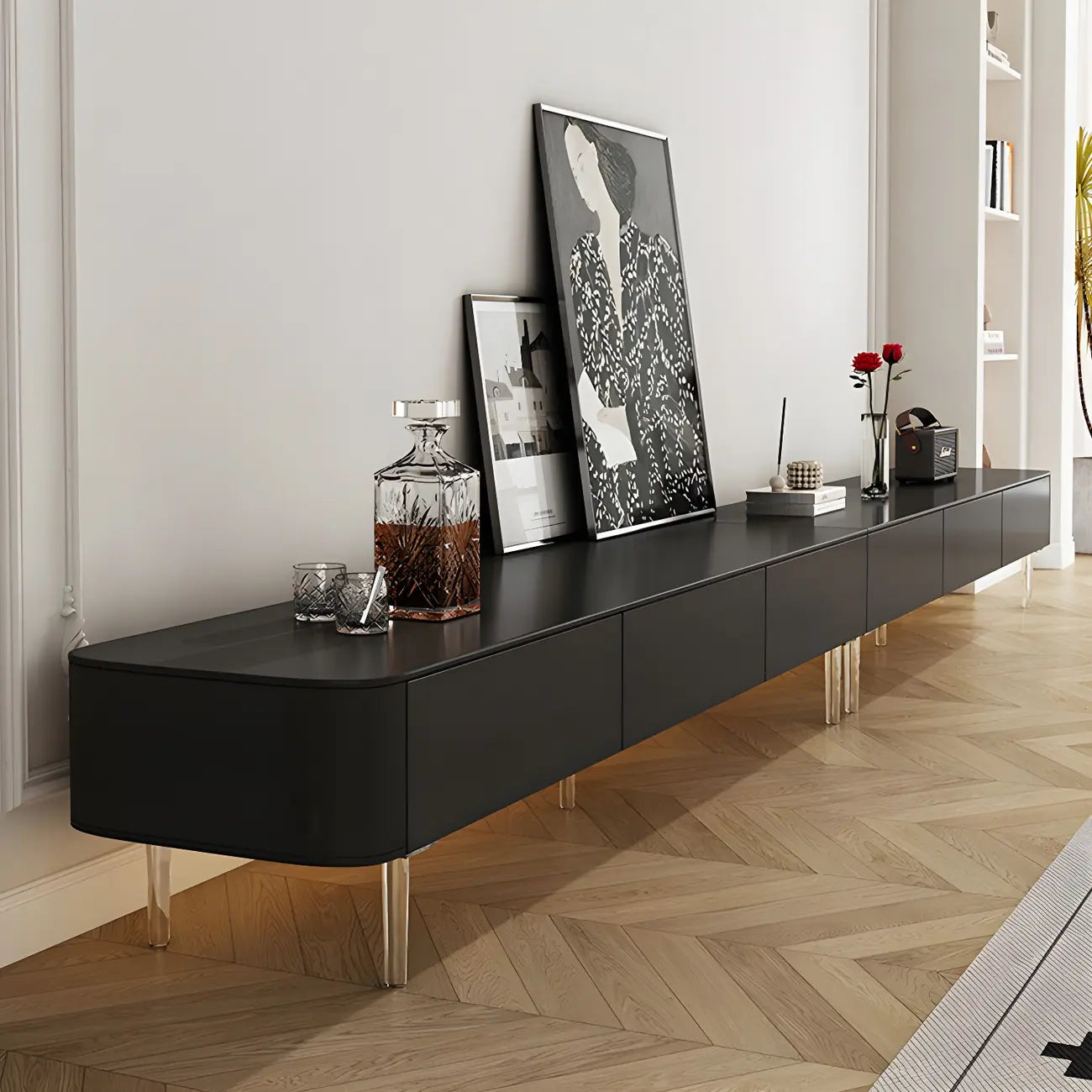 87 Modern Black Wooden Long TV Stand with Drawers