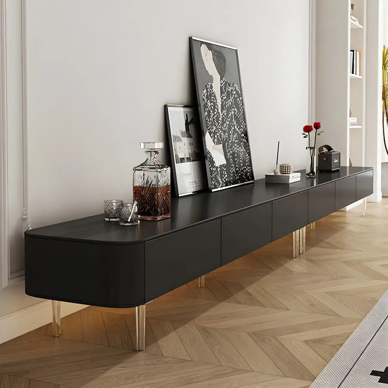 87 Modern Black Wooden Long TV Stand with Drawers