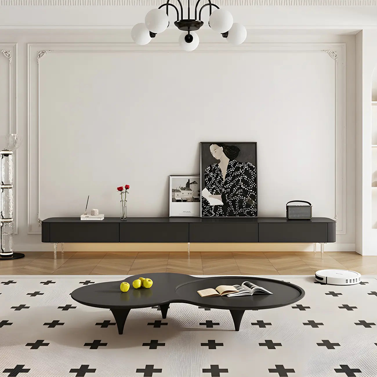 87 Modern Black Wooden Long TV Stand with Drawers