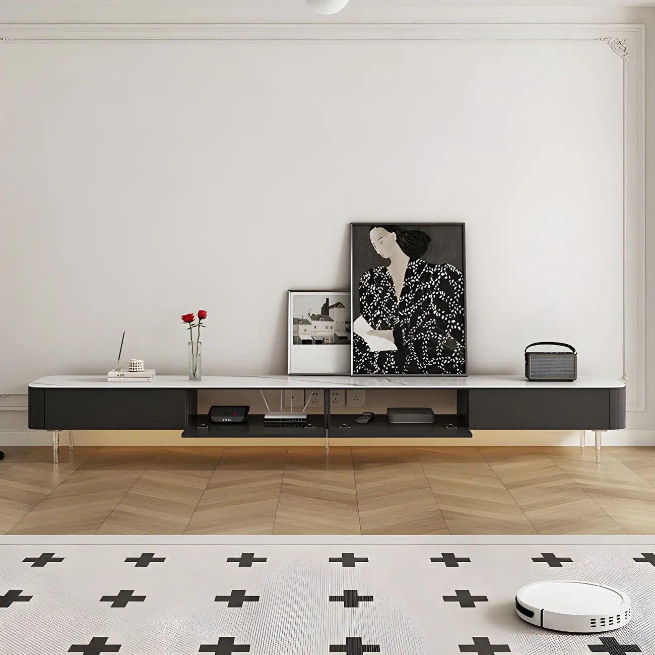 87 Modern Black Wooden Long TV Stand with Drawers