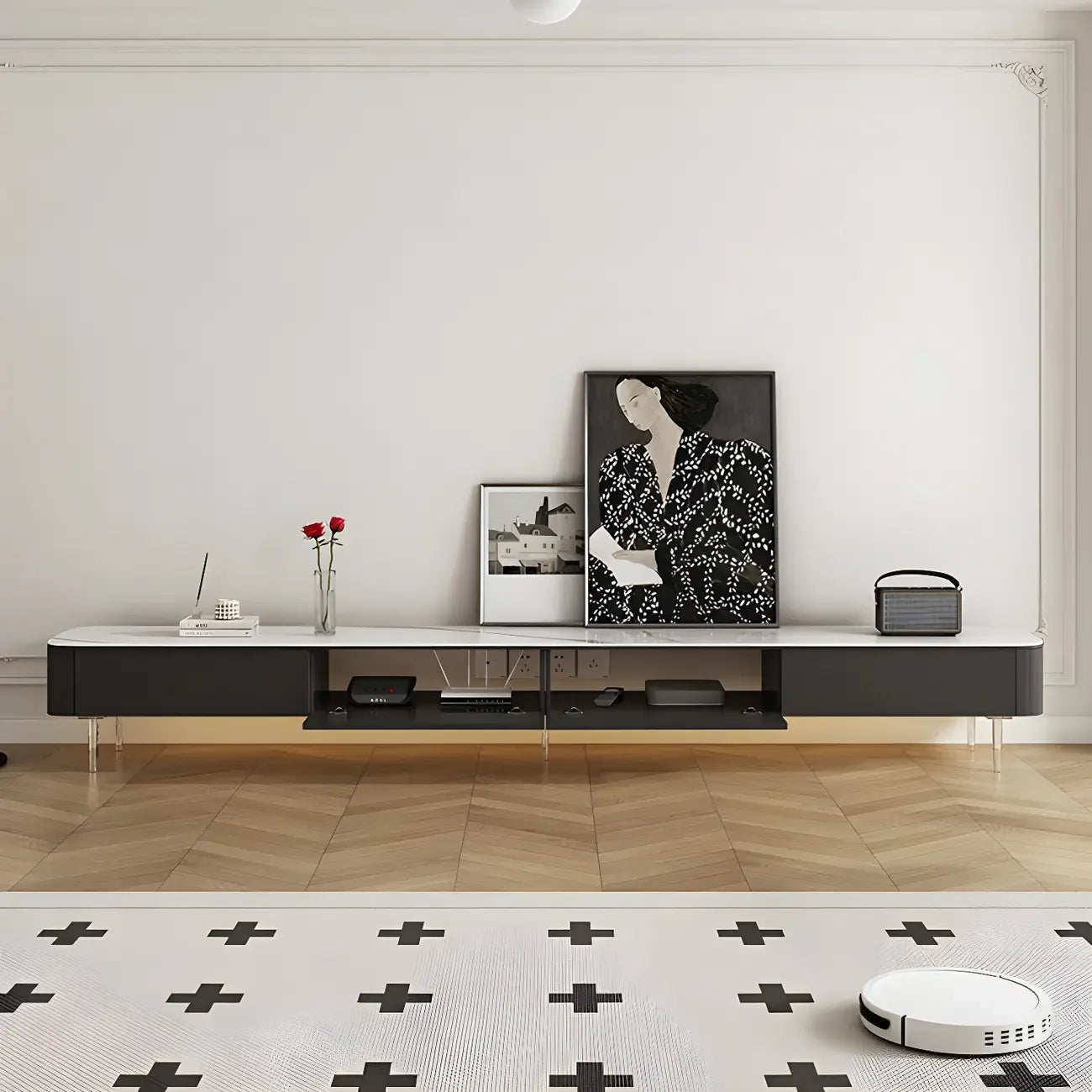 87 Modern Black Wooden Long TV Stand with Drawers
