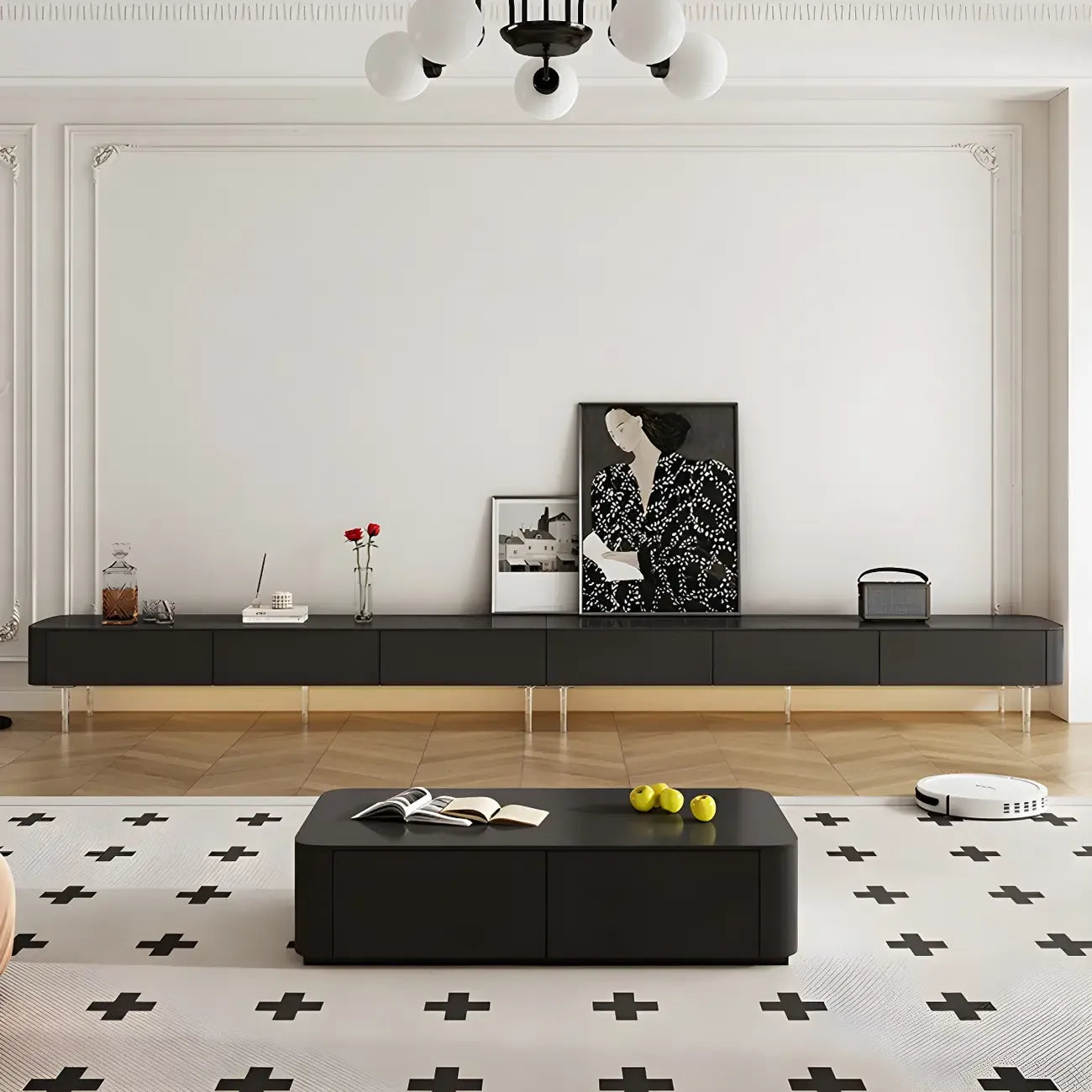 87 Modern Black Wooden Long TV Stand with Drawers