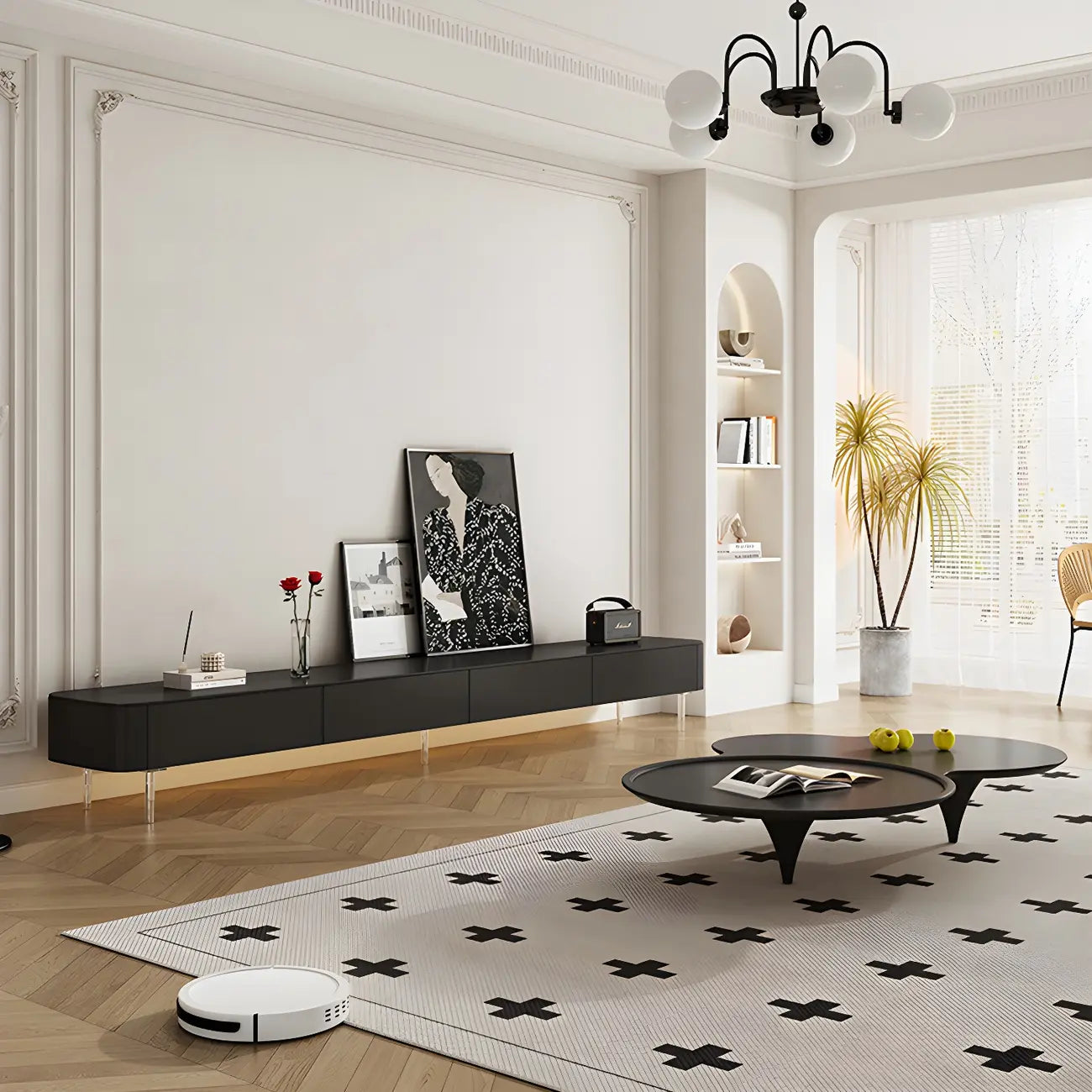 87 Modern Black Wooden Long TV Stand with Drawers