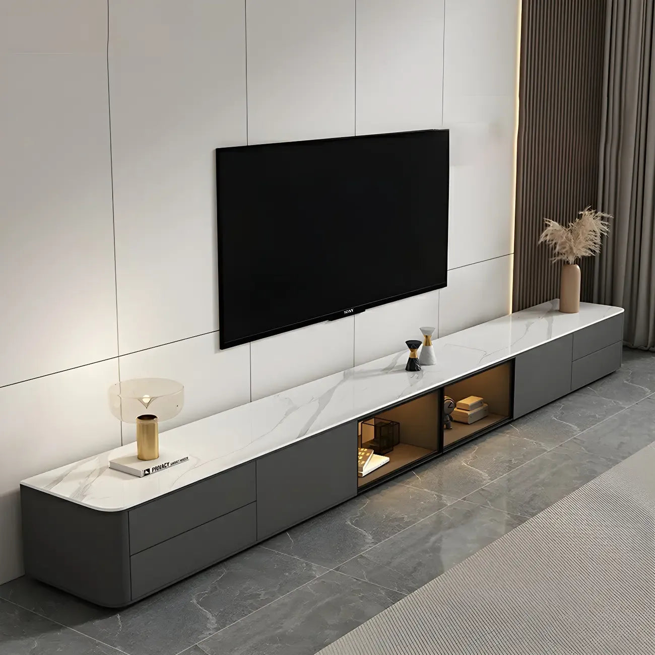 Living Room Grey Stone Long TV Stand with Drawers & Cabinet