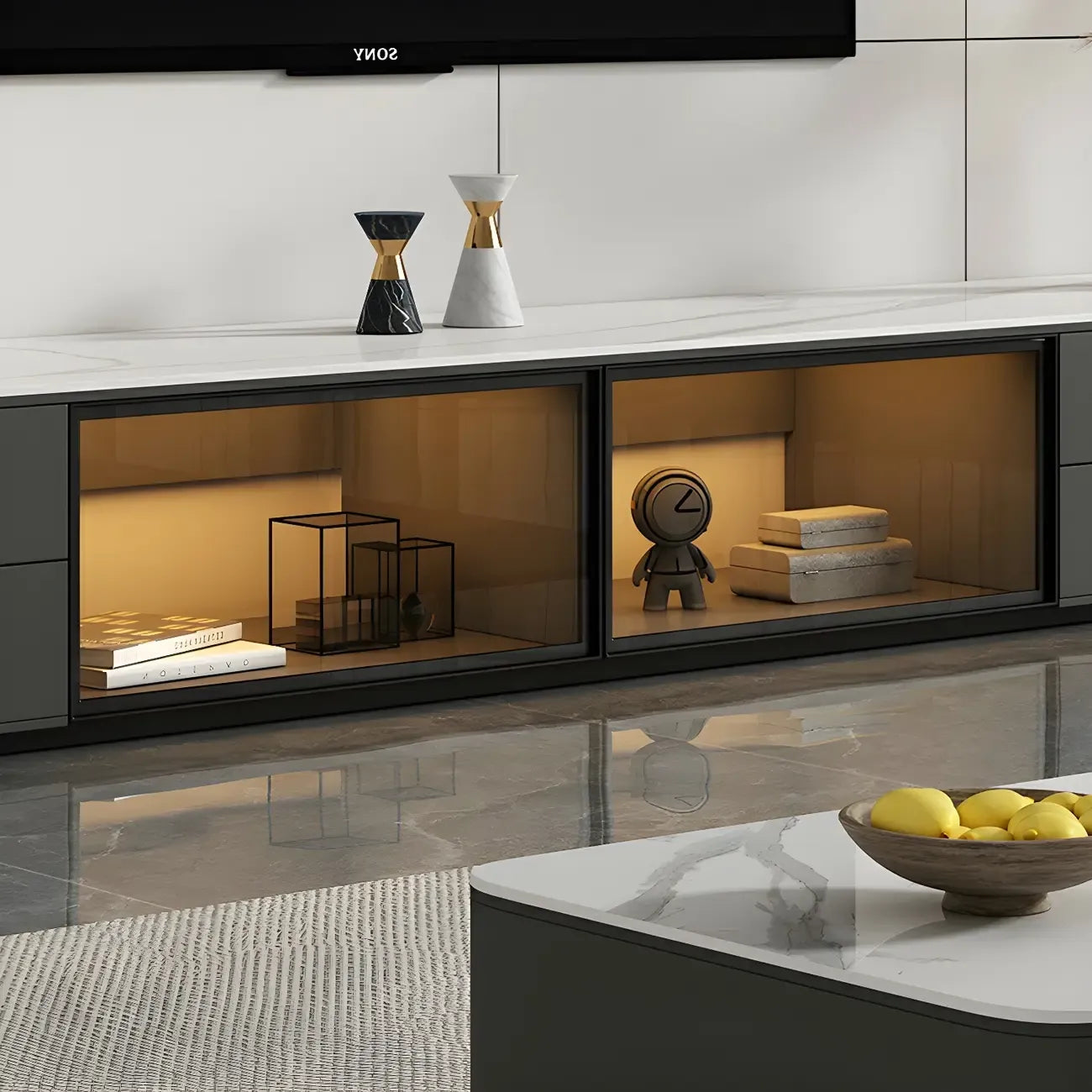 Living Room Grey Stone Long TV Stand with Drawers & Cabinet