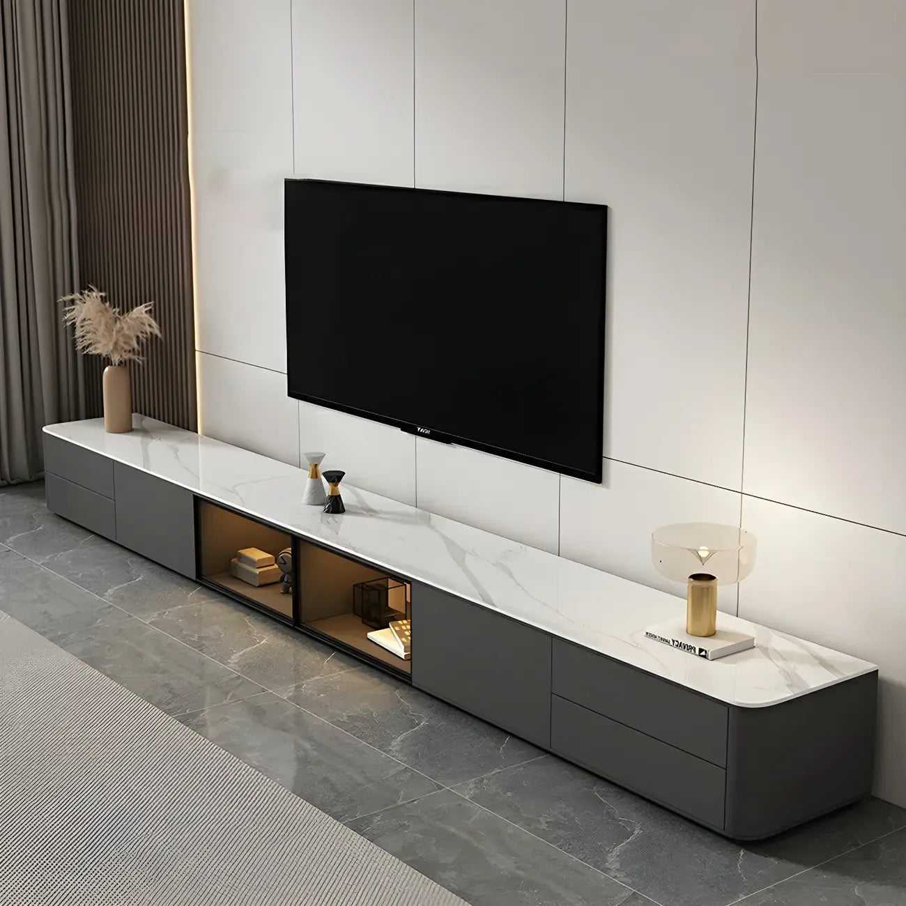 Living Room Grey Stone Long TV Stand with Drawers & Cabinet