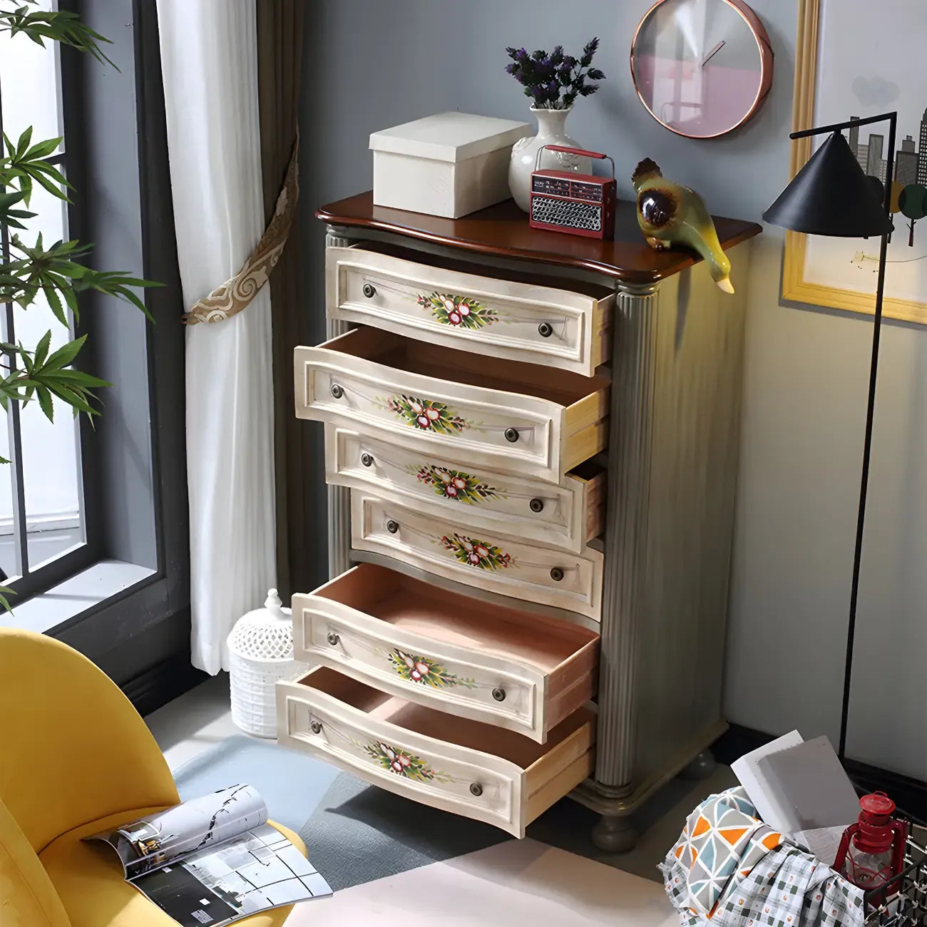 Vintage Grey Wooden Chest with Floral and 6 Drawers for Home