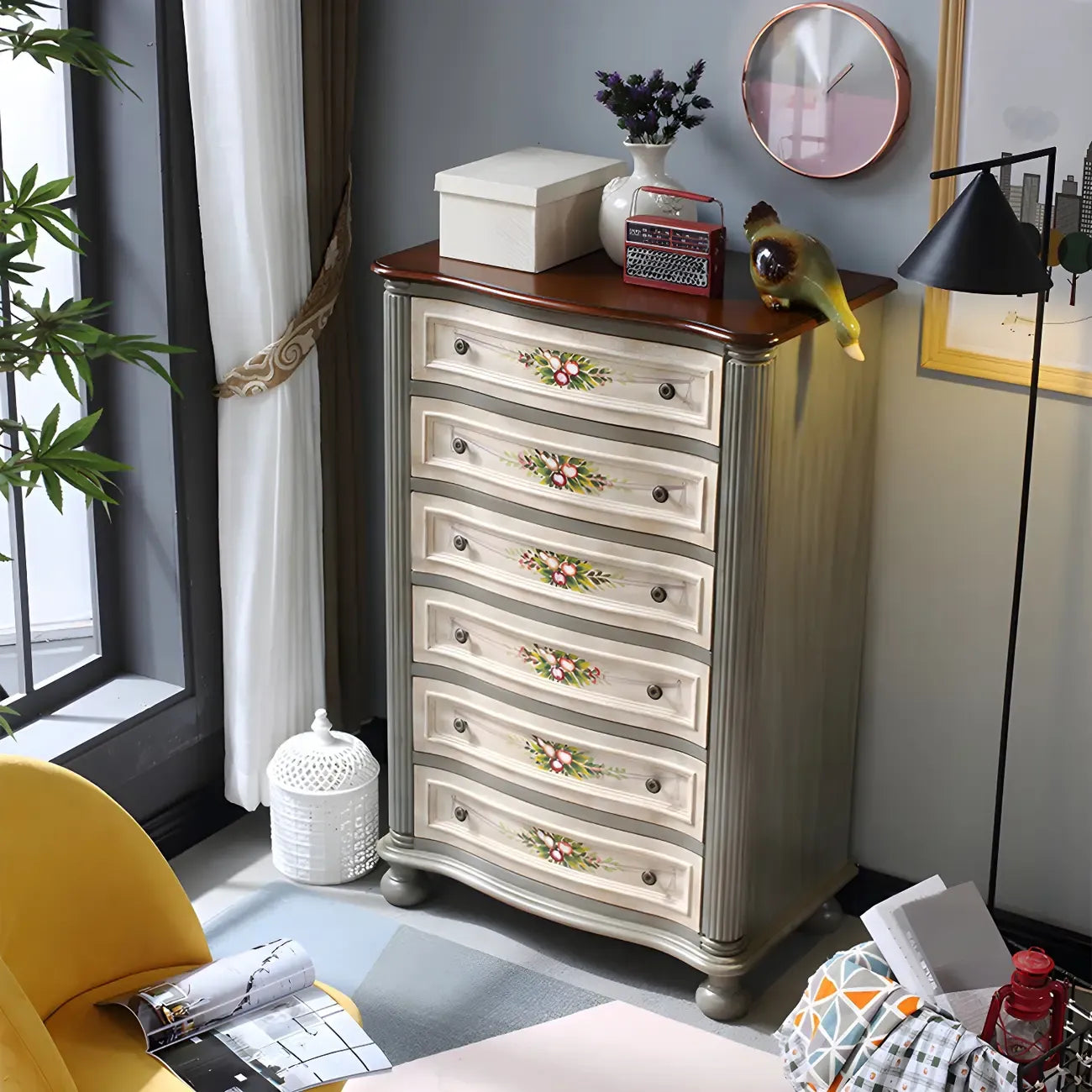 Vintage Grey Wooden Chest with Floral and 6 Drawers for Home