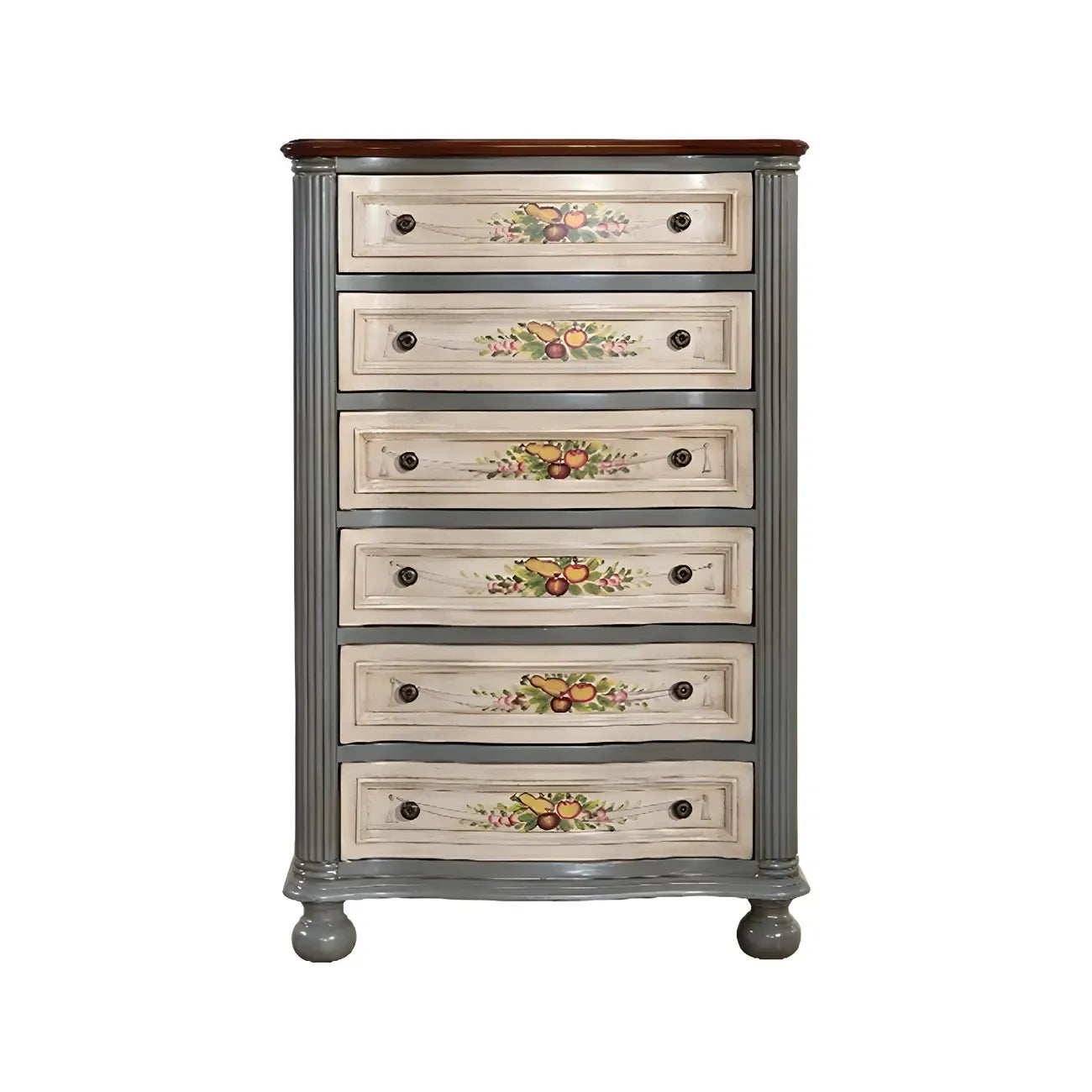 Vintage Grey Wooden Chest with Floral and 6 Drawers for Home
