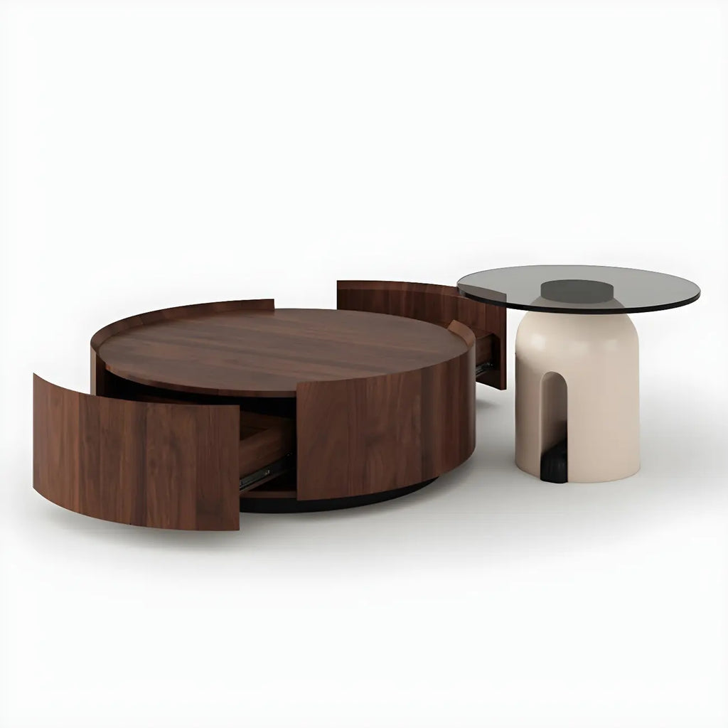 Brown Modern Stylish Round Wood Drawer Coffee Table
