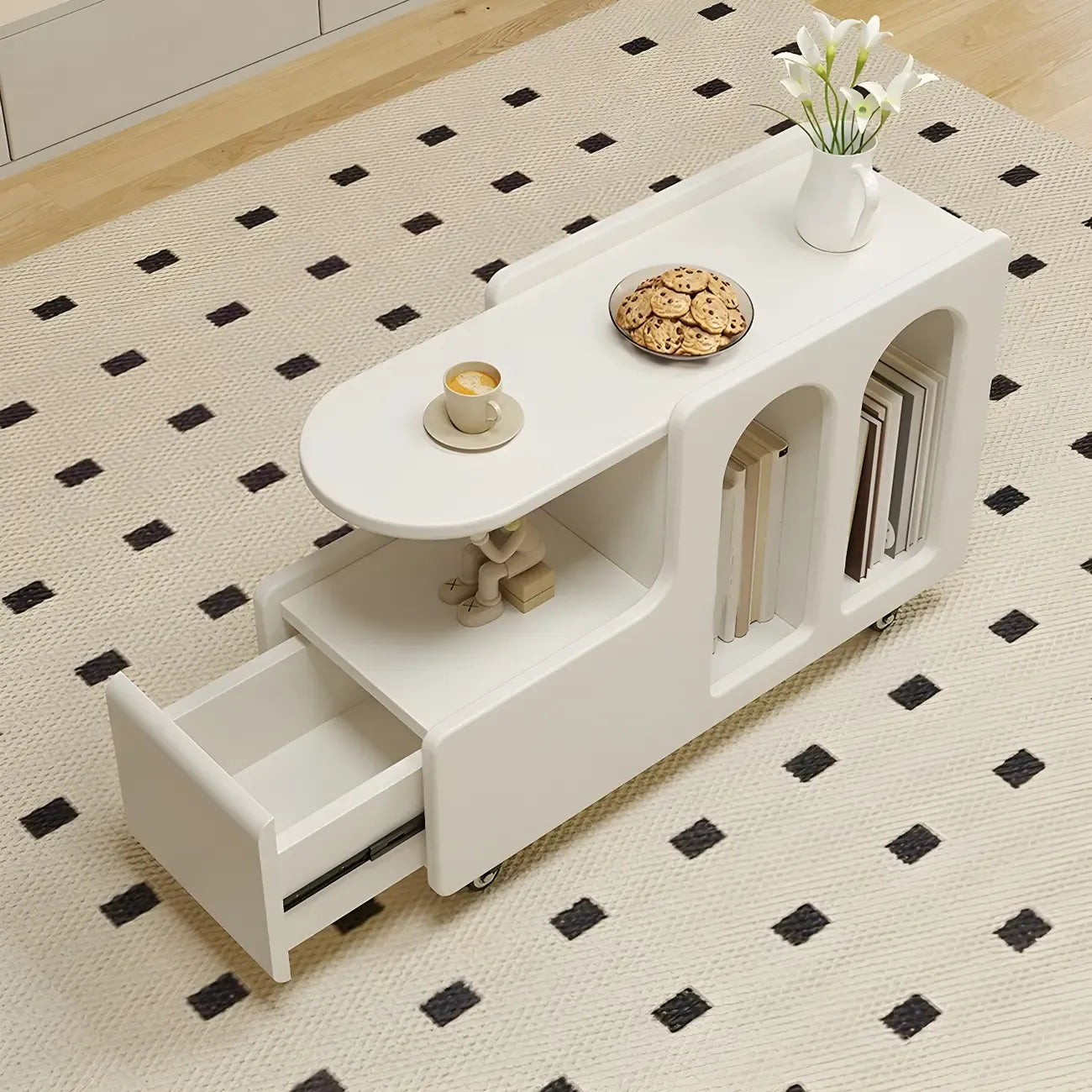 Free Form Rectangular Wood Mobile End Table White