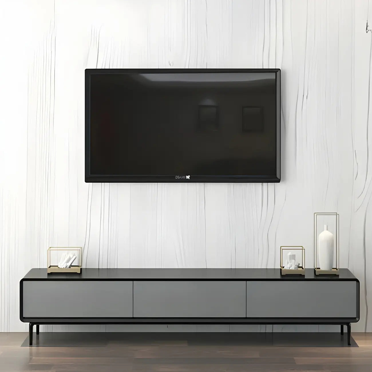 4-Drawer Elegant Grey Long Wooden TV Stand with Legs