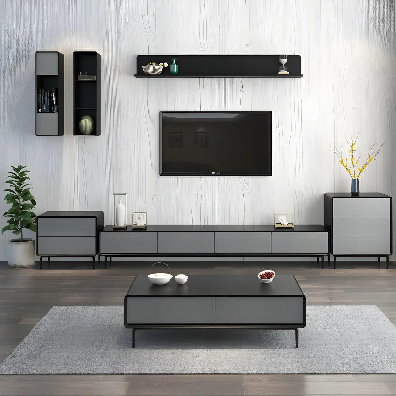 4-Drawer Elegant Grey Long Wooden TV Stand with Legs