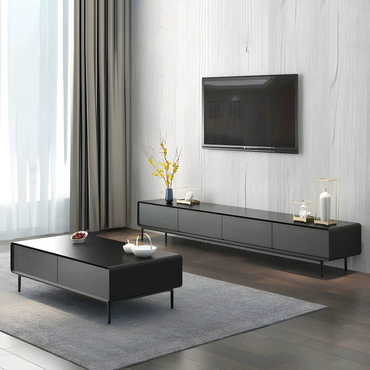 4-Drawer Elegant Grey Long Wooden TV Stand with Legs