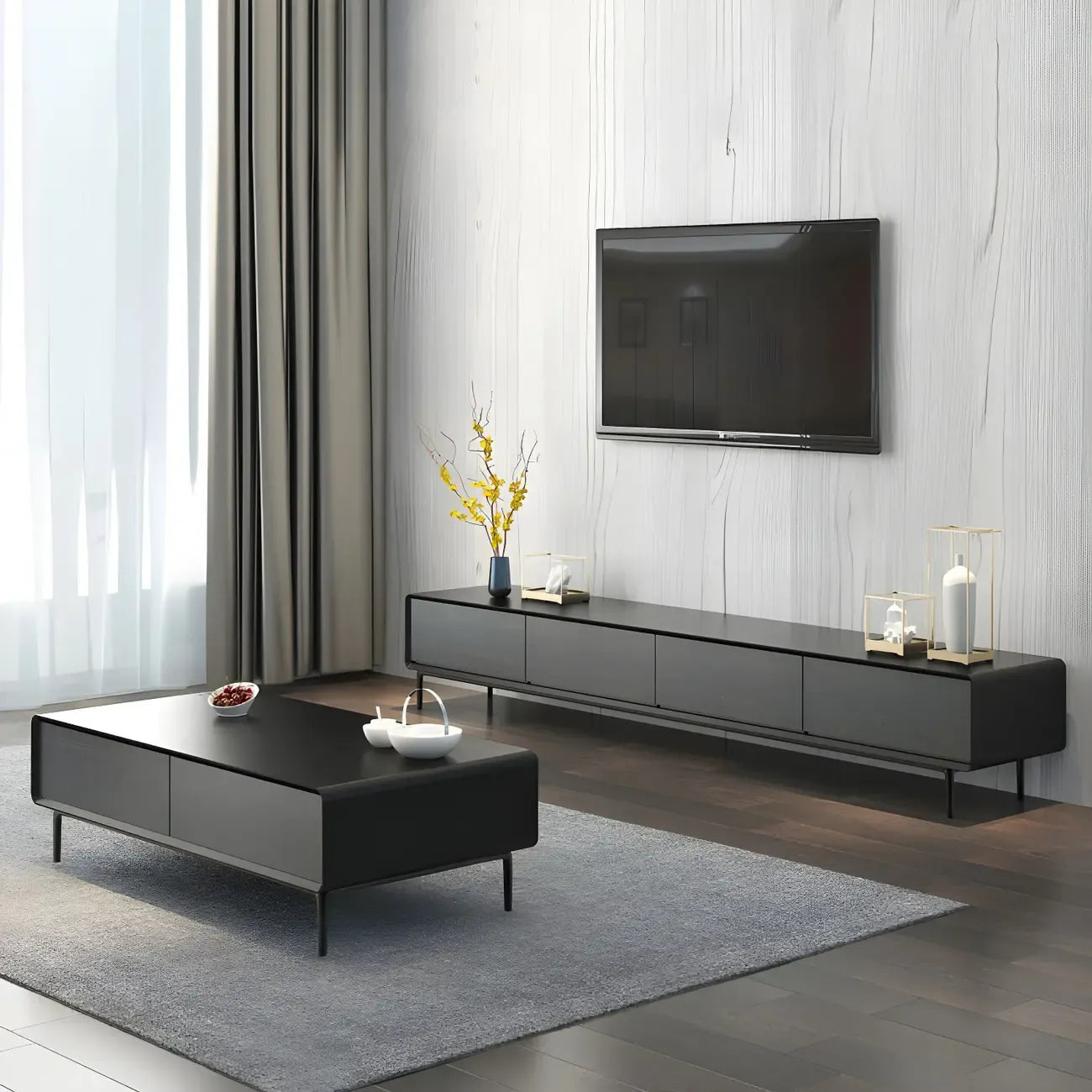 4-Drawer Elegant Grey Long Wooden TV Stand with Legs