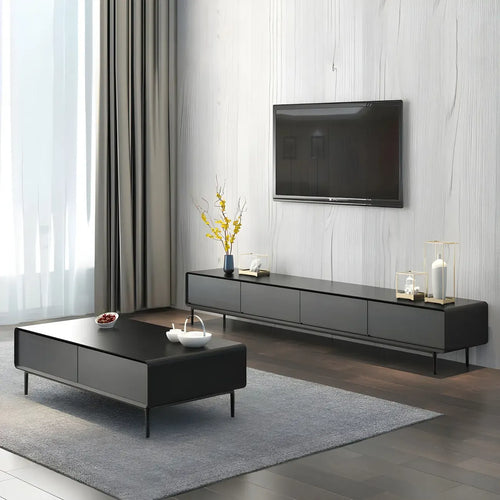 4-Drawer Elegant Grey Long Wooden TV Stand with Legs