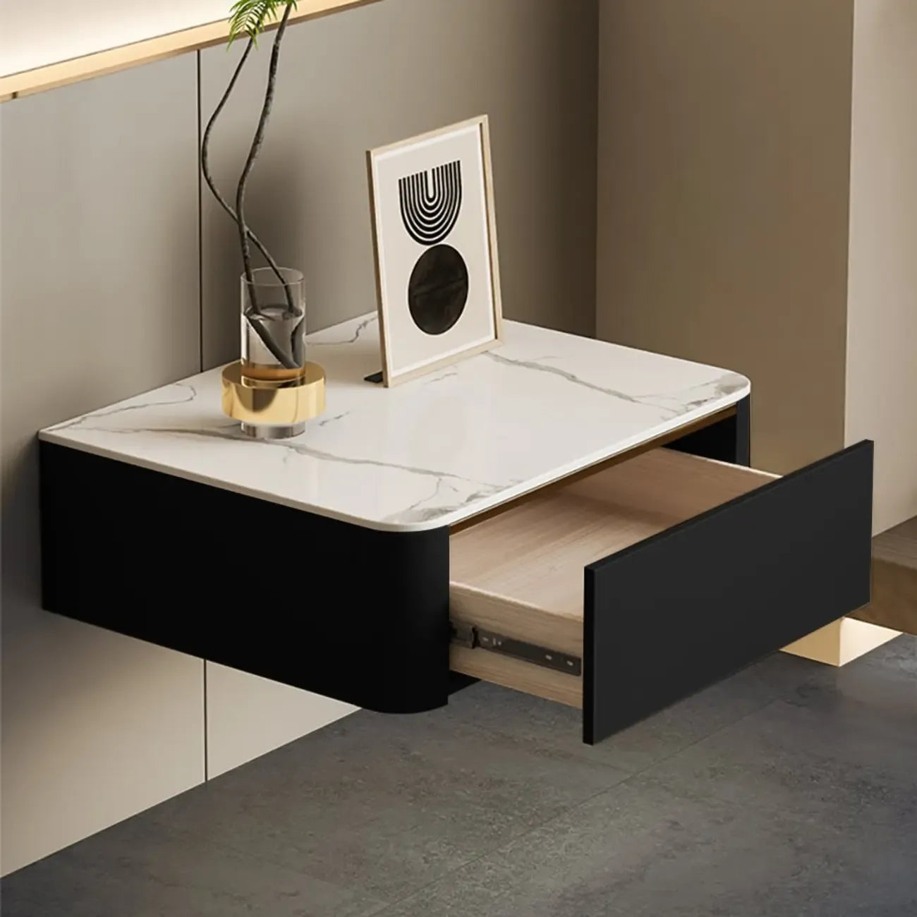 Modern Wood Stone Top Floating Nightstand with Drawer