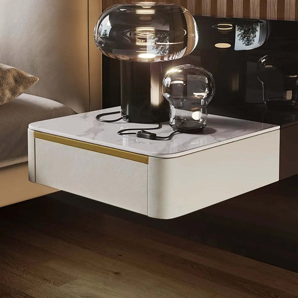 Modern Wood Stone Top Floating Nightstand with Drawer